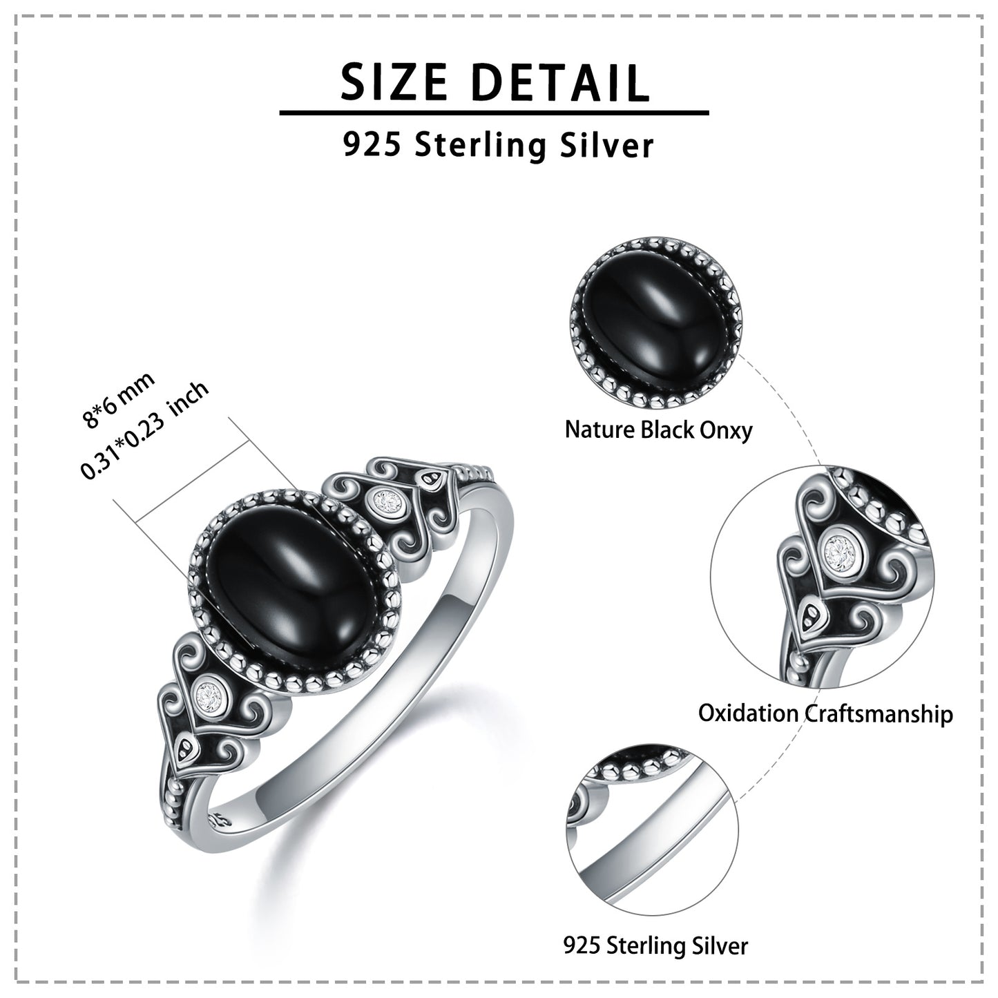 925 Sterling Silver Vintage Oxidized Black Onyx Ring for Women