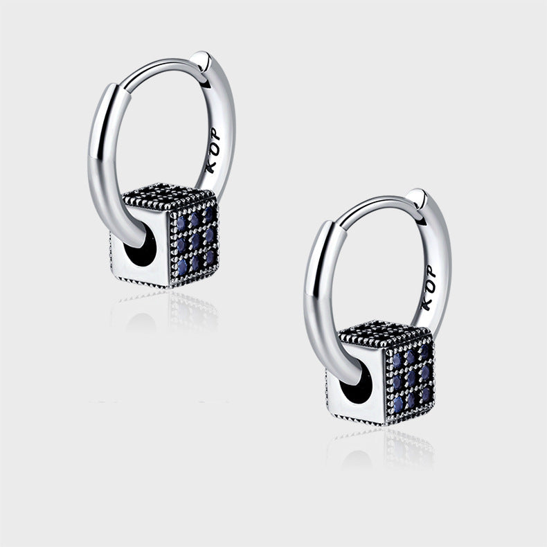 Heavy Industrial S925 Sterling Silver Spinel Blue Full Zirconium Stereo Square Round Ear Clasp Female Earrings