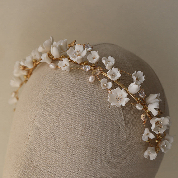 Ceramic Flower Cherry Blossom Complex Pearl Hair Hoop Bride Headdress