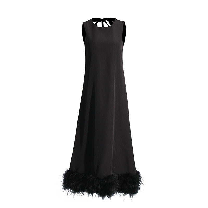 New Fashion Round Neck Lace-up Hem Stitching Feather Dress