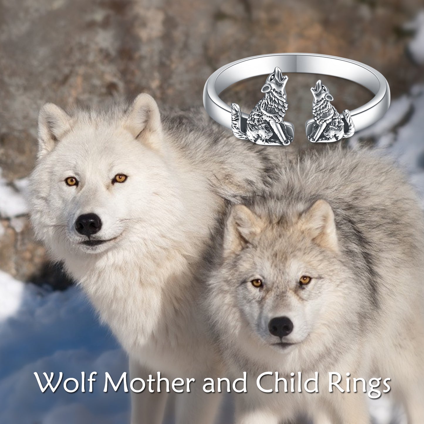 Anillos de lobo en plata de ley Anillos abiertos de tamaño ajustable para madre e hijo