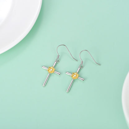 Boucles d'oreilles tournesol en argent sterling avec pendentif en forme de croix et crochets - Bijoux en forme de fleur de tournesol - Cadeaux pour femmes et adolescentes - Anniversaire