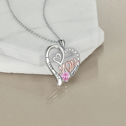 Mom Necklace S925 Sterling Silver Heart CZ Pink Stone Love Mum Pendant Birthstone Jewelry for Women Mother Gifts