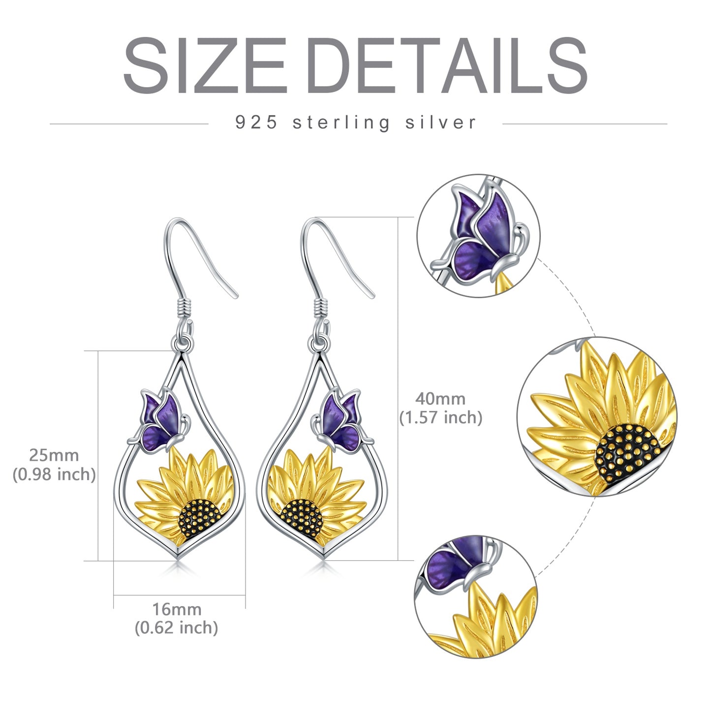 Pendientes colgantes de plata de ley con forma de girasol y mariposa morada, regalo para mujer