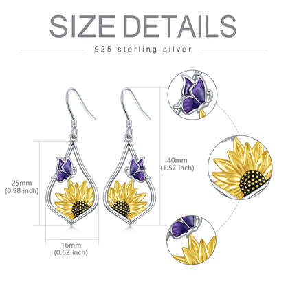 Sterling Silver Sunflower Dangle Earrings with Purple Butterfly Gift for Women