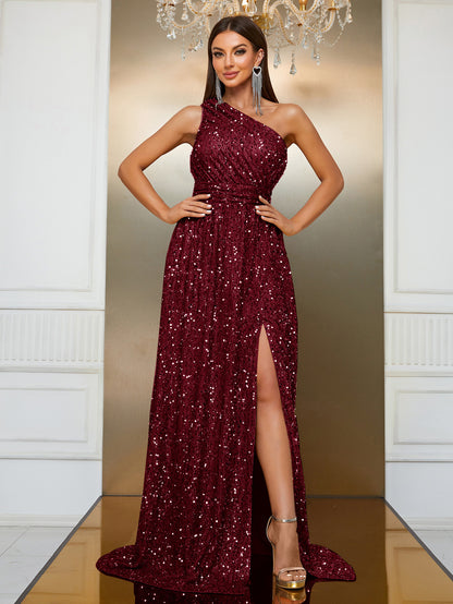 Sequined Slant Shoulder Party Dress High-end Slit