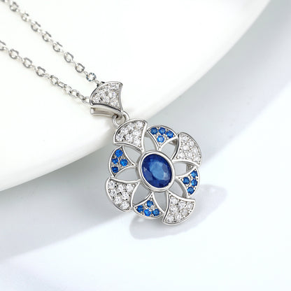 Temperament Gingko Leaf Pendant S925 Silver Set Natural Sapphire Necklace