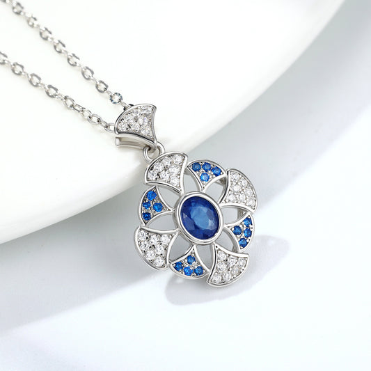 Temperament Gingko Leaf Pendant S925 Silver Set Natural Sapphire Necklace