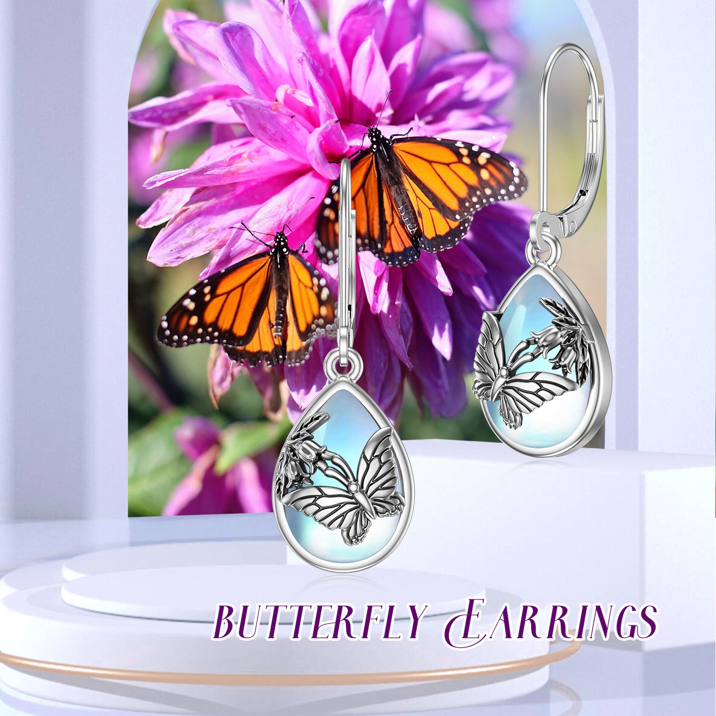 Boucles d'oreilles papillon à levier en argent sterling 925 Boucles d'oreilles papillon en pierre de lune pour femmes