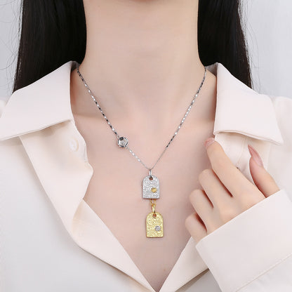 S925 Sterling Silver Silver Color Contrast Tang Cao Hua Square Necklace Female Cool Style