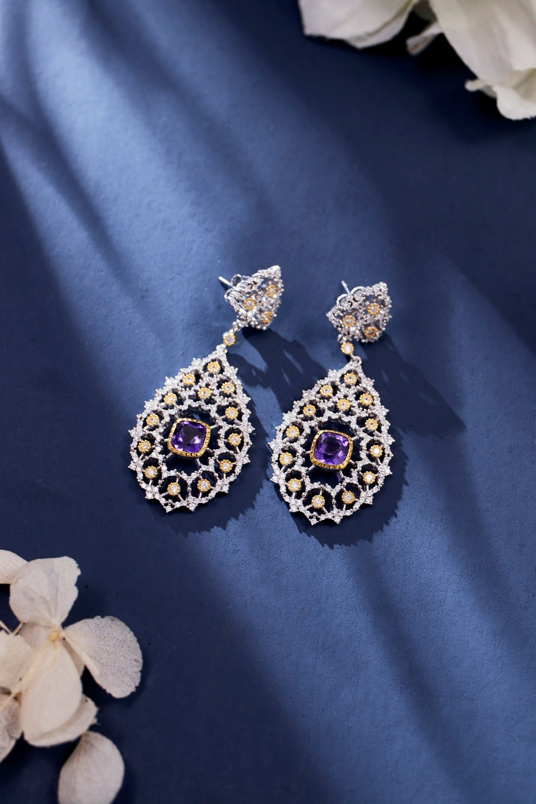 Luxury 925 Silver Plated Natural Amethyst Drop Earrings