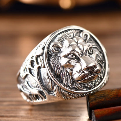 Sterling Silver Ornament Domineering Lion Head Beast Man Ring