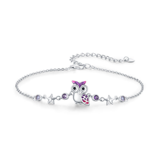 Bonita pulsera de búho de plata de ley 925 ajustable con forma de búho morado, regalo de joyería para mujeres, niñas y adolescentes