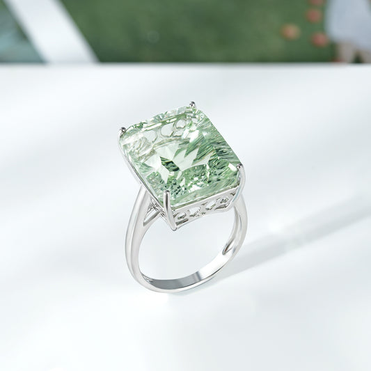 Dan Shaped Natural Green Amethyst Ring S925 Sterling Silver Color Inlaid Luxury