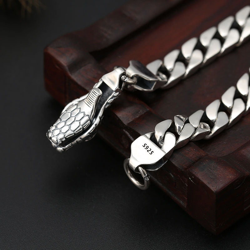 Pulsera de plata de ley con adorno de cadena para la muñeca, moderna pulsera de plata tailandesa con hebilla de cabeza de serpiente estilo hipster para hombre