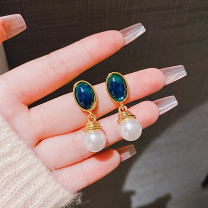 French Retro Maillard Blue Baroque Pearl Earrings