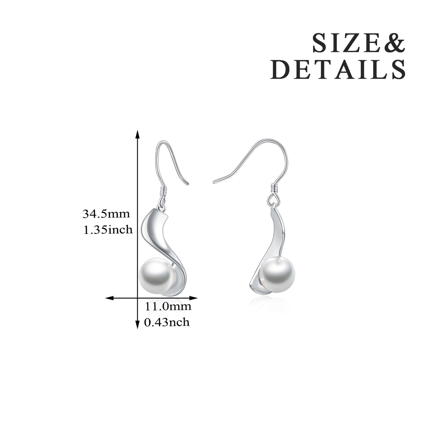 Sterling Silver Pearl Earrings Dangle Drop Earrings Fine Jewelry for Women 8mm Pearl