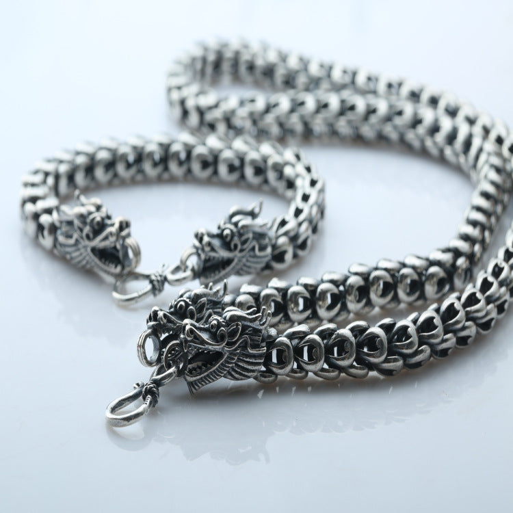 Double Chinese Dragon Heads Dragon Scale Necklace S925 Silver Vintage