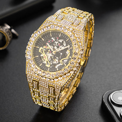 Reloj mecánico automático de fiesta de hip hop con diamantes completos