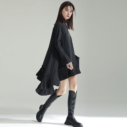 Long Sleeve Stand Collar Hem Pleated Irregular Shirt Dress