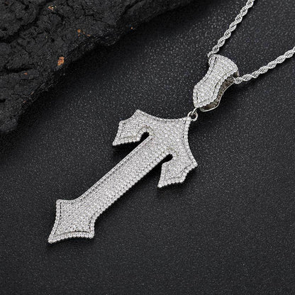 Hip Hop Sword Cross Pendant Necklace Micro Inlaid Zircon