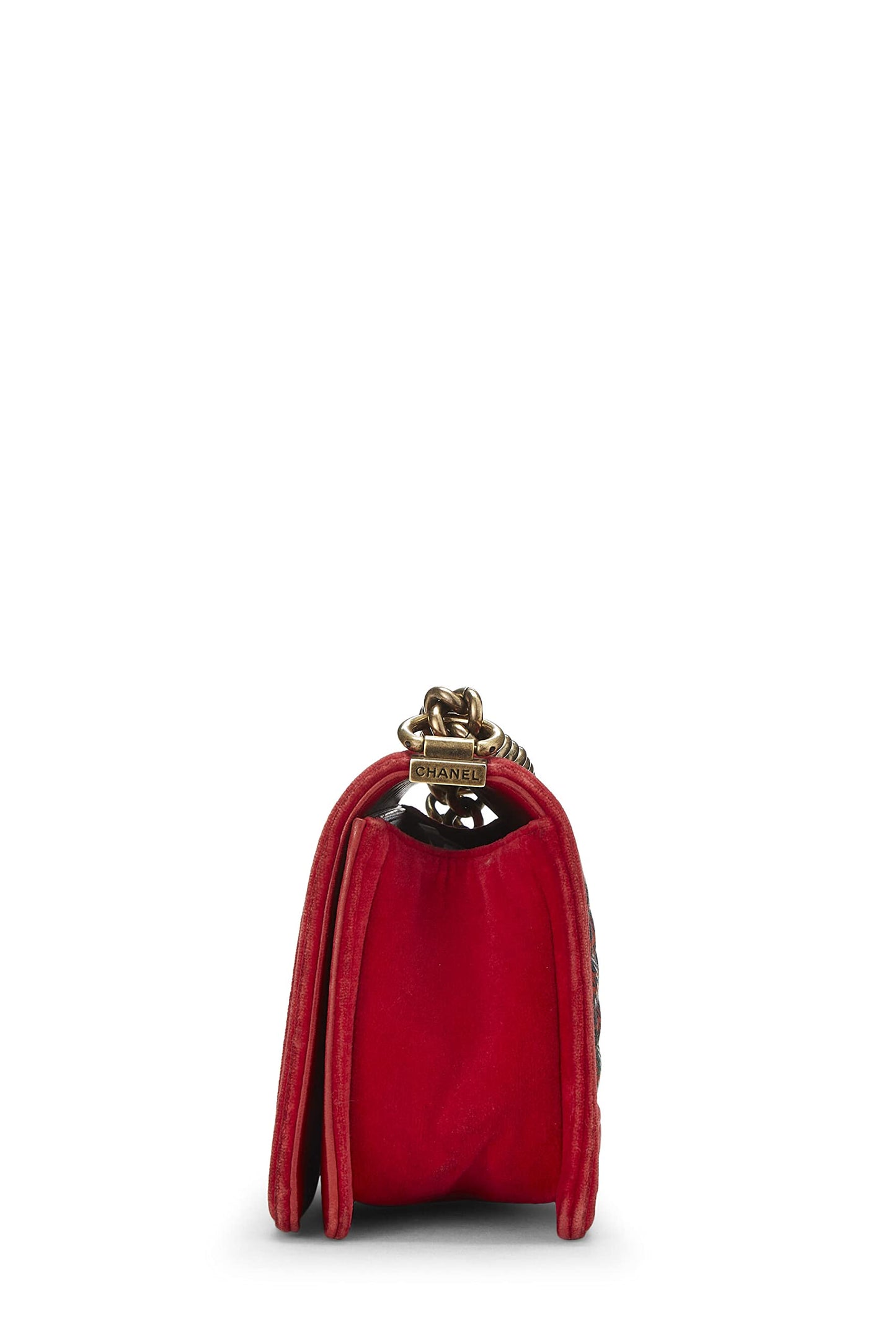 Chanel, sac Boy en velours tartan rouge Paris-Edimbourg d'occasion de taille moyenne, rouge