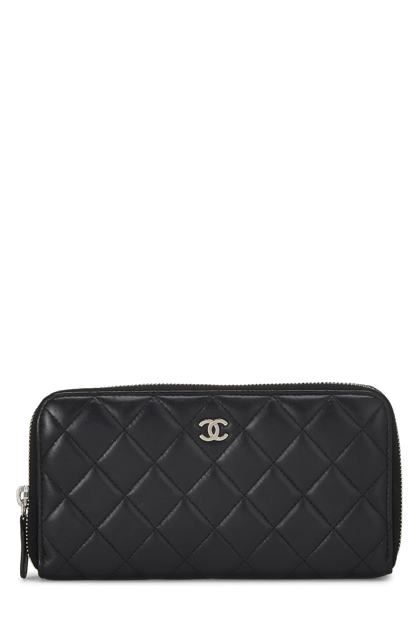 Chanel, portefeuille zippé en cuir d'agneau matelassé noir d'occasion, noir