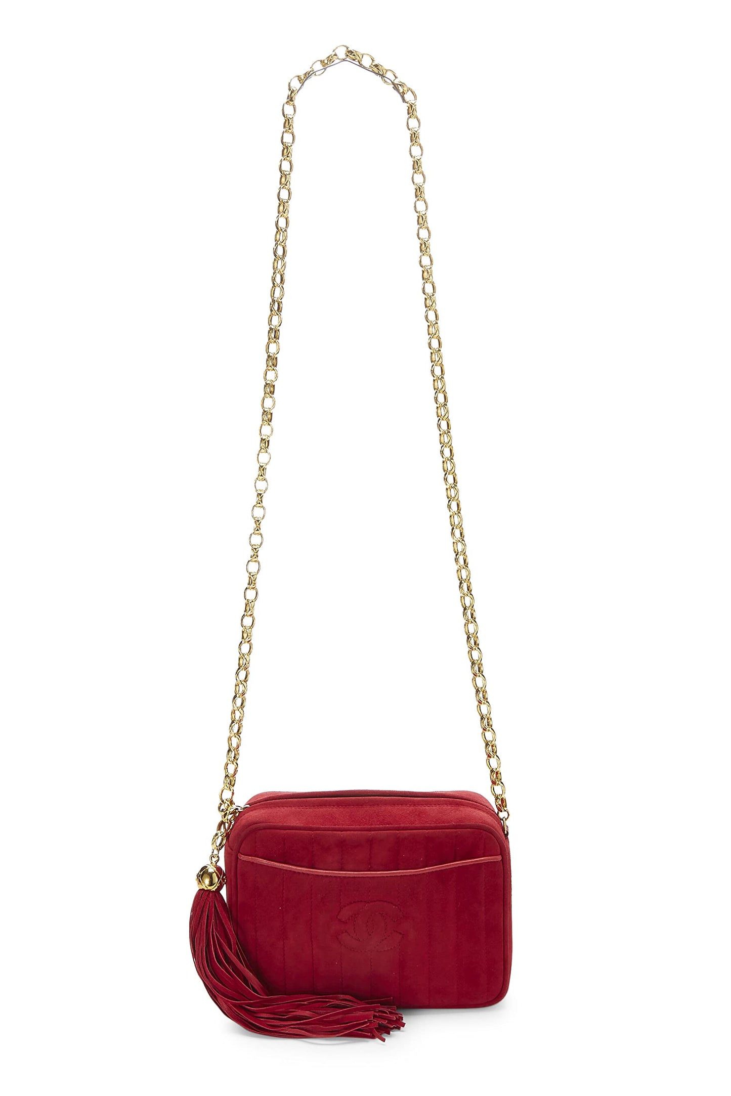 Chanel, Bolso pequeño para cámara con bolsillo vertical de ante rojo Pre-Loved , Rojo