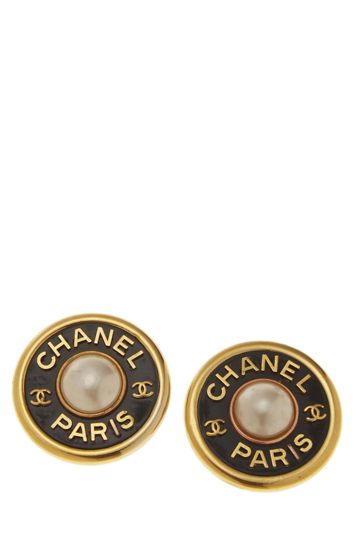 Chanel, Boucles d'oreilles rondes en fausses perles noires et dorées d'occasion, grandes, or