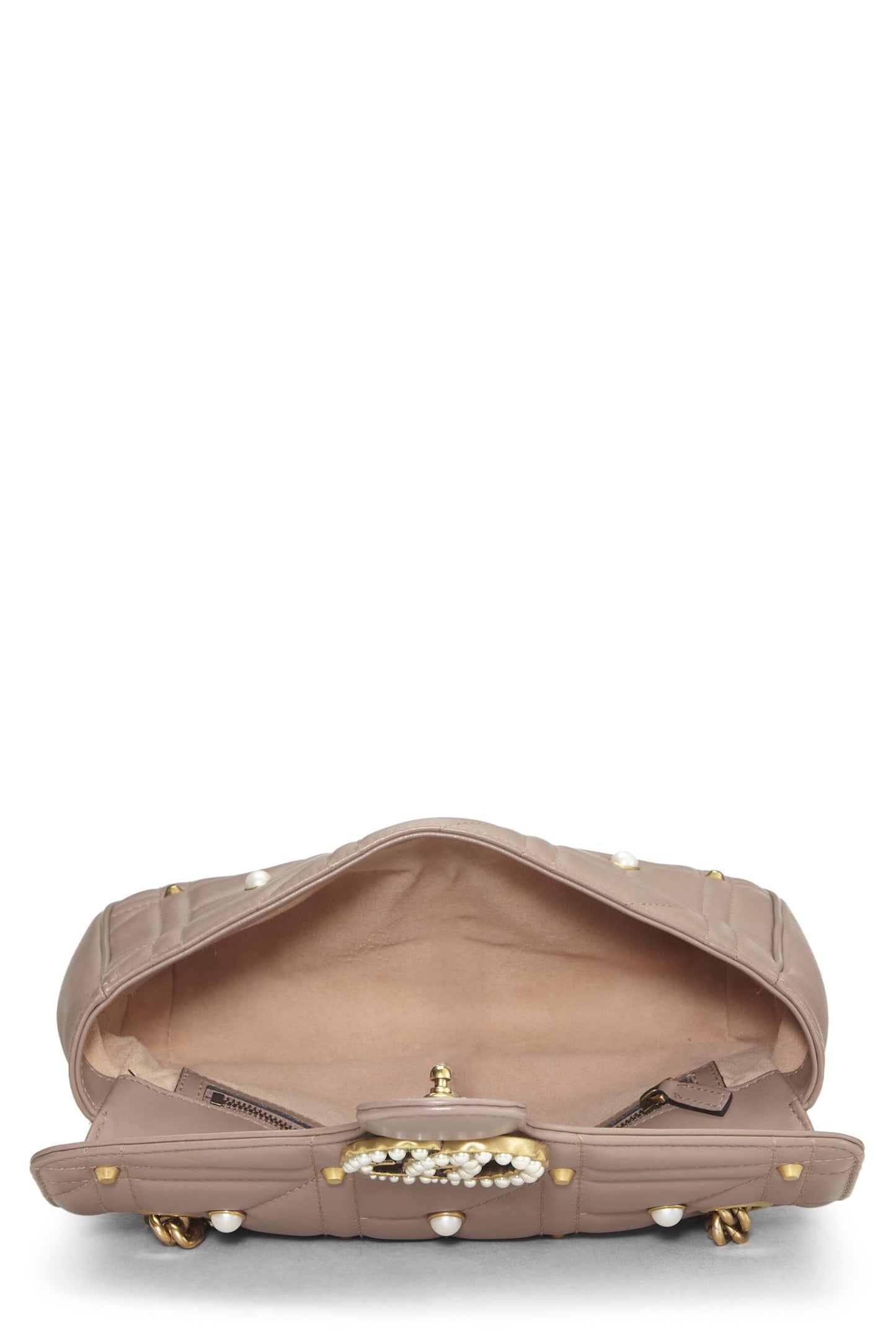 Gucci, sac à bandoulière GG Marmont en cuir rose et fausses perles, petit modèle, beige