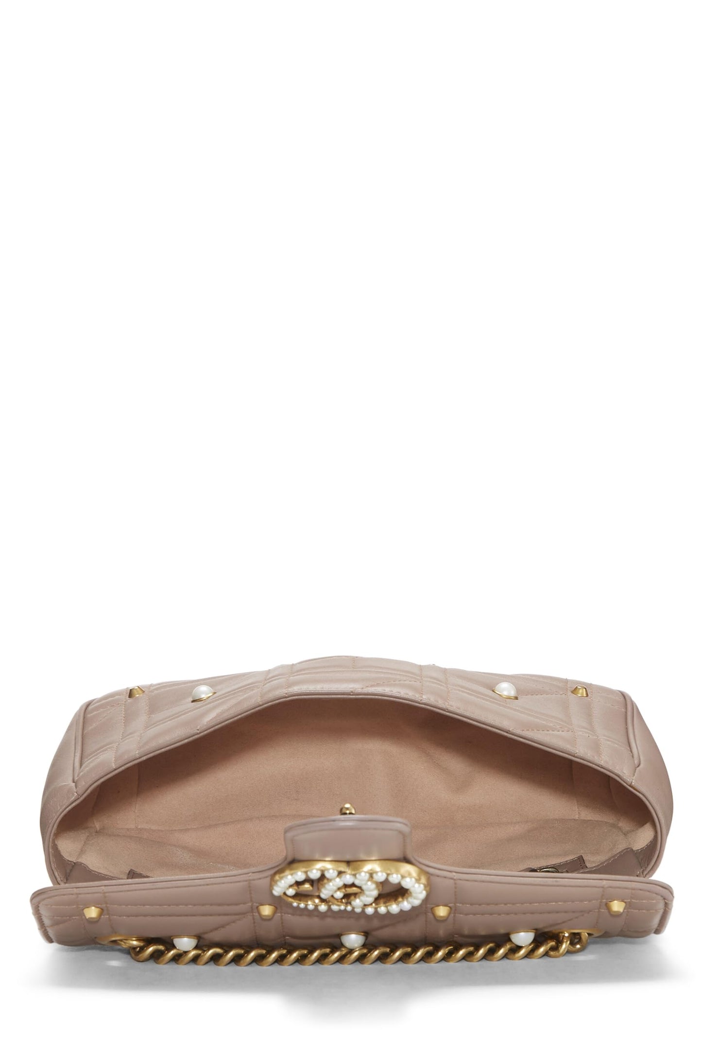 Gucci, sac à bandoulière GG Marmont en cuir beige et fausses perles, petit modèle, beige