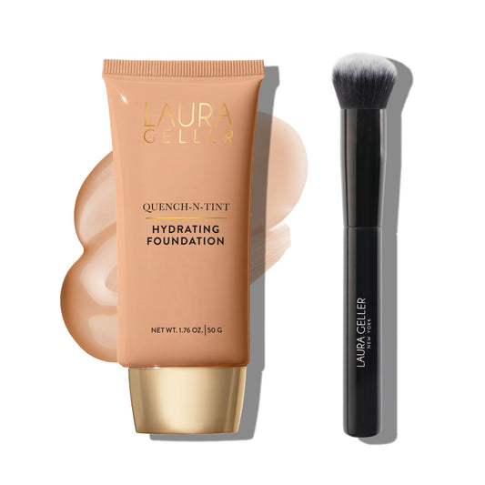 Fond de teint hydratant « No Makeup » LAURA GELLER « Quench-n-Tint », clair/moyen + pinceau fond de teint professionnel pour maquillage liquide, crème et poudre