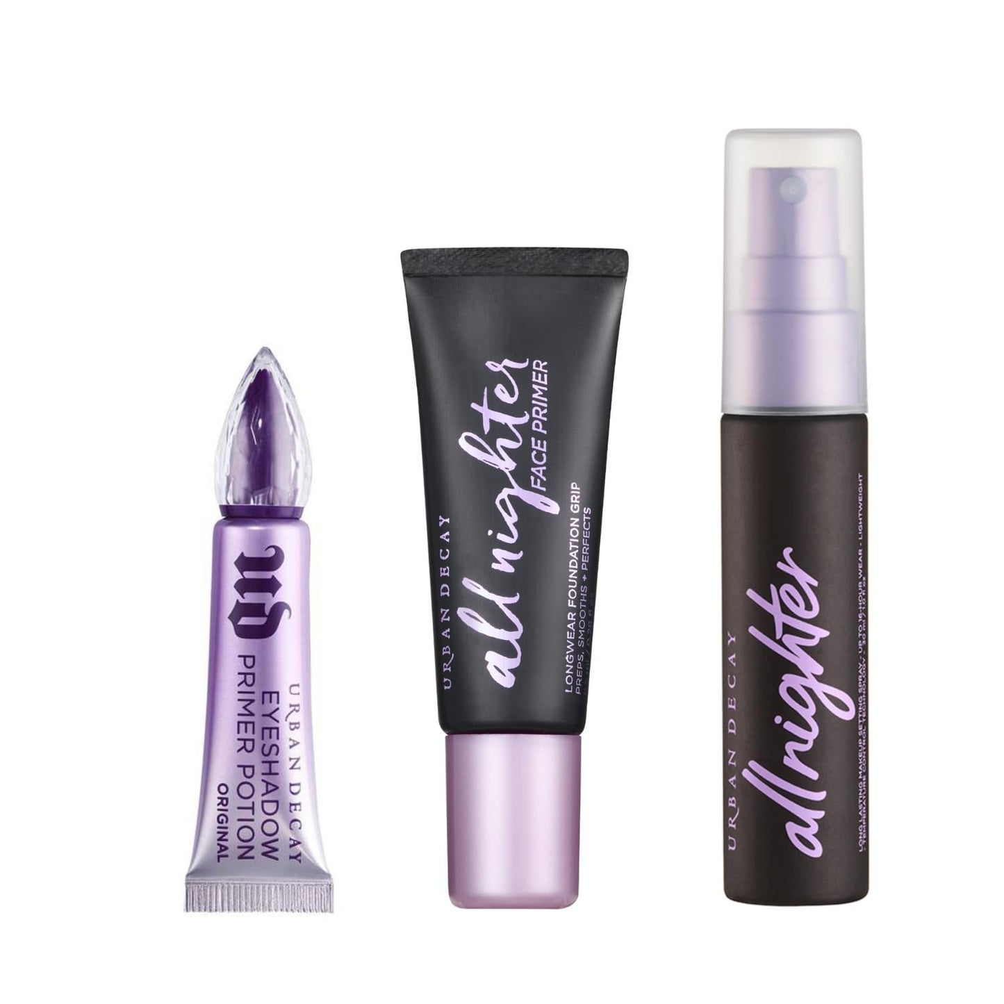 Coffret Prime + Set Bestsellers d'Urban Decay - Minis de voyage - Spray fixateur imperméable All Nighter (1,0 Fl. Oz), Base de fard à paupières Potion (0,16 Fl. Oz), Base de teint longue tenue All Nighter (0,28 Fl. Oz)