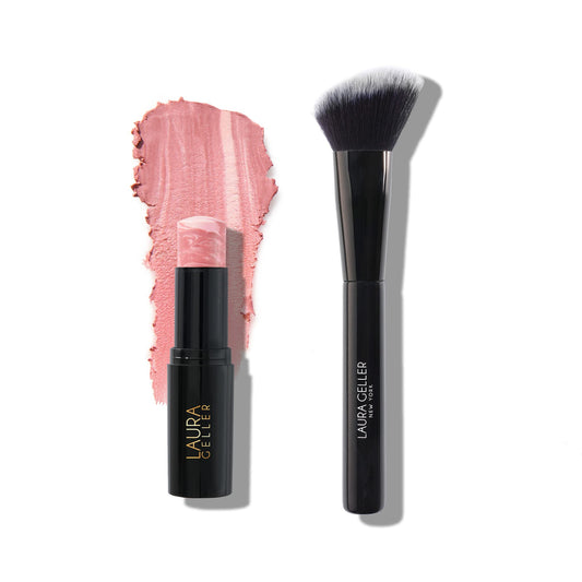 LAURA GELLER NEW YORK Blush en bâton de maquillage marbré italien | Blush marbré au fini crème pour les joues, Pink Fiore + pinceau à blush biseauté