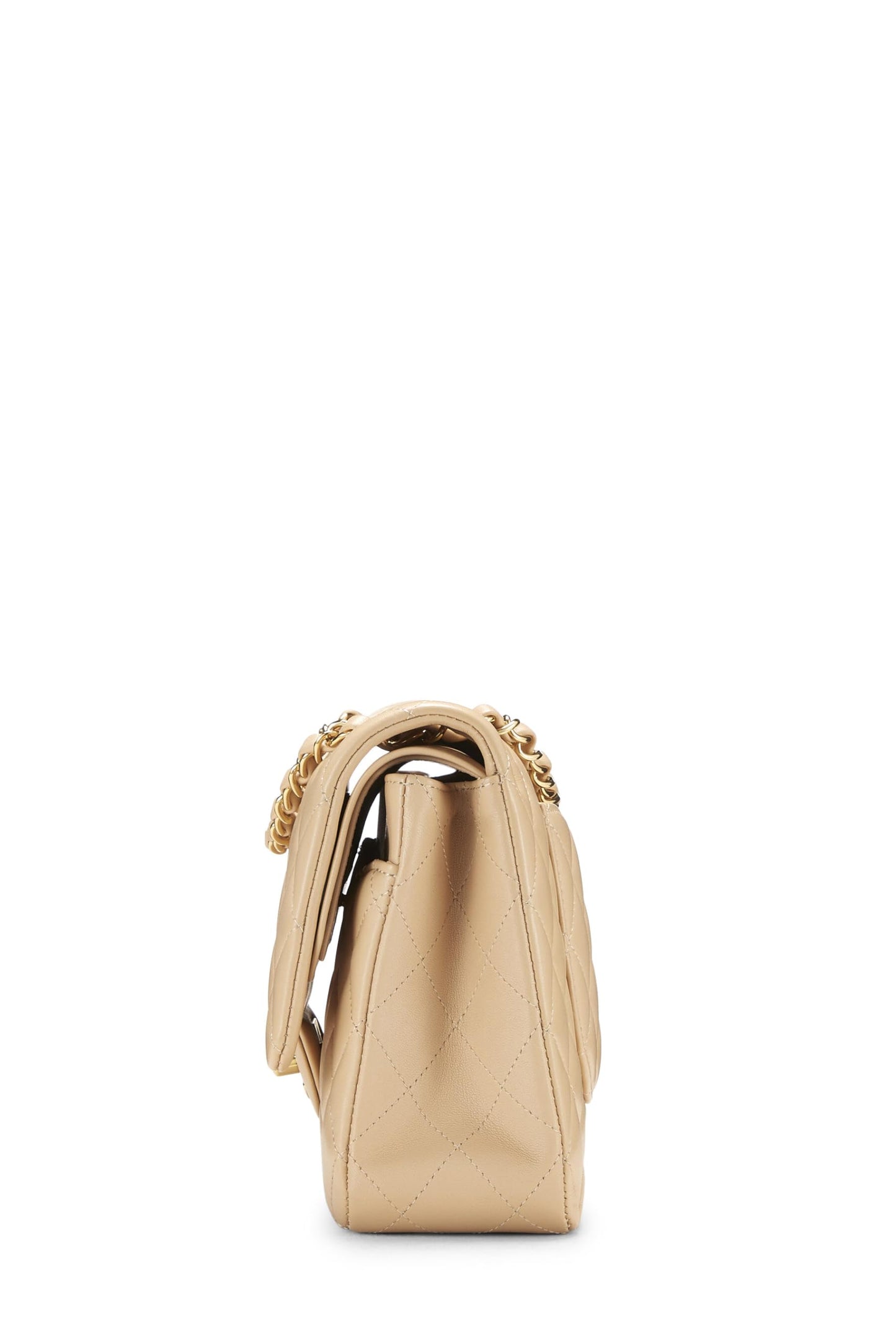 Chanel, sac à main classique à double rabat en cuir d'agneau matelassé beige d'occasion, taille M, beige