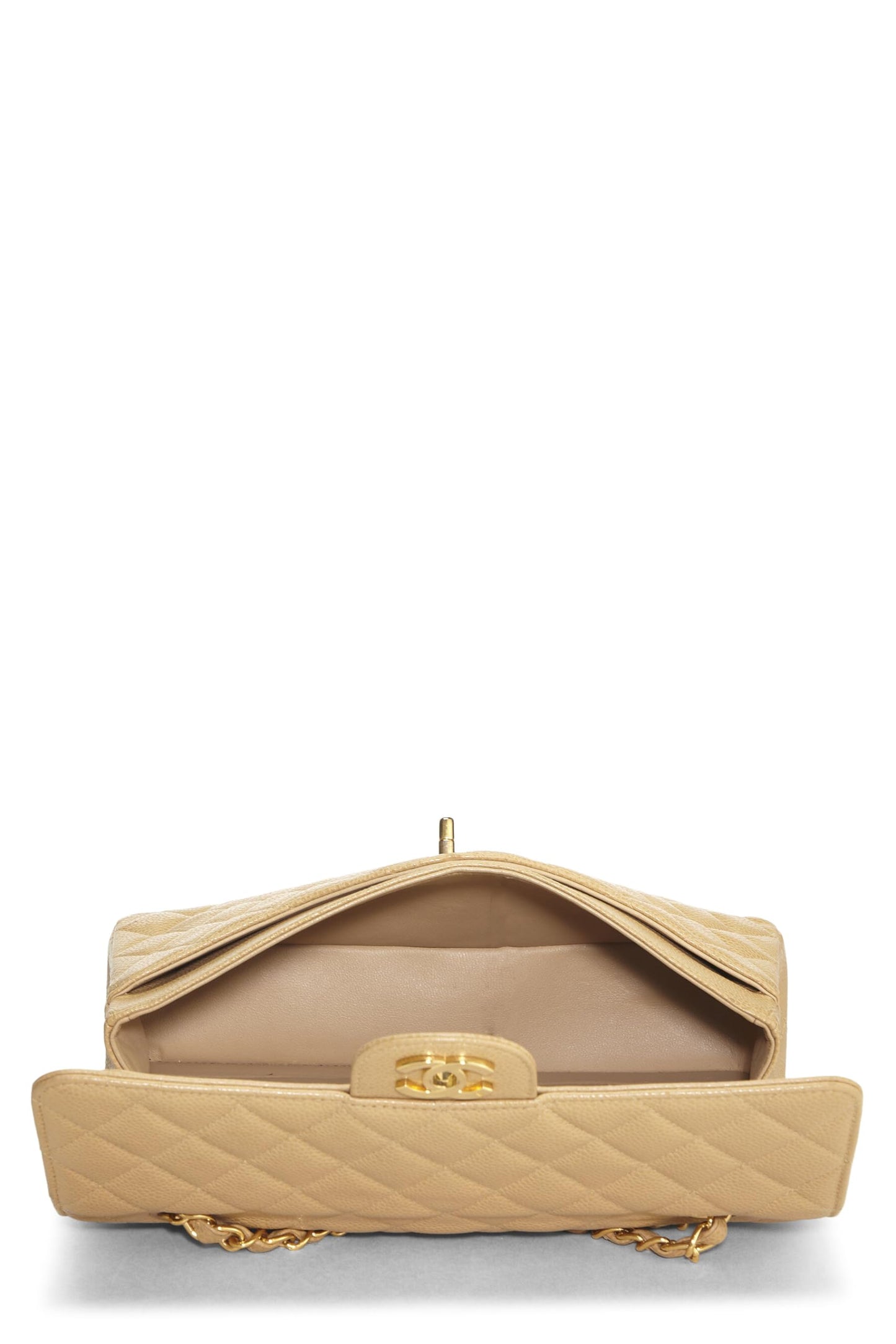 Chanel, sac à rabat double classique matelassé beige caviar d'occasion, taille M, beige