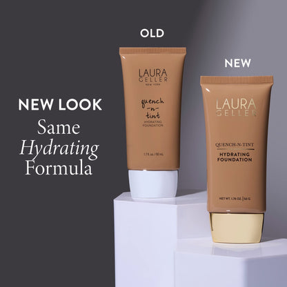 LAURA GELLER NEW YORK Base de maquillaje hidratante Quench-n-Tint - Ligera/media - Cobertura modulable de translúcida a ligera - Acabado con brillo natural - Fórmula ligera con ácido hialurónico