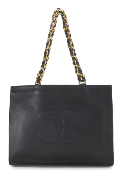 Chanel, sac fourre-tout à poignée plate en cuir d'agneau noir d'occasion, noir