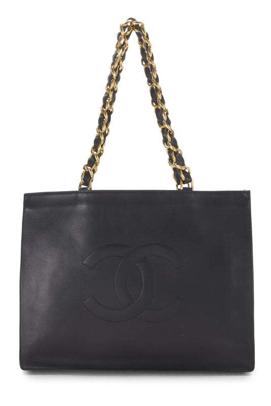 Chanel, sac fourre-tout à poignée plate en cuir d'agneau noir d'occasion, noir