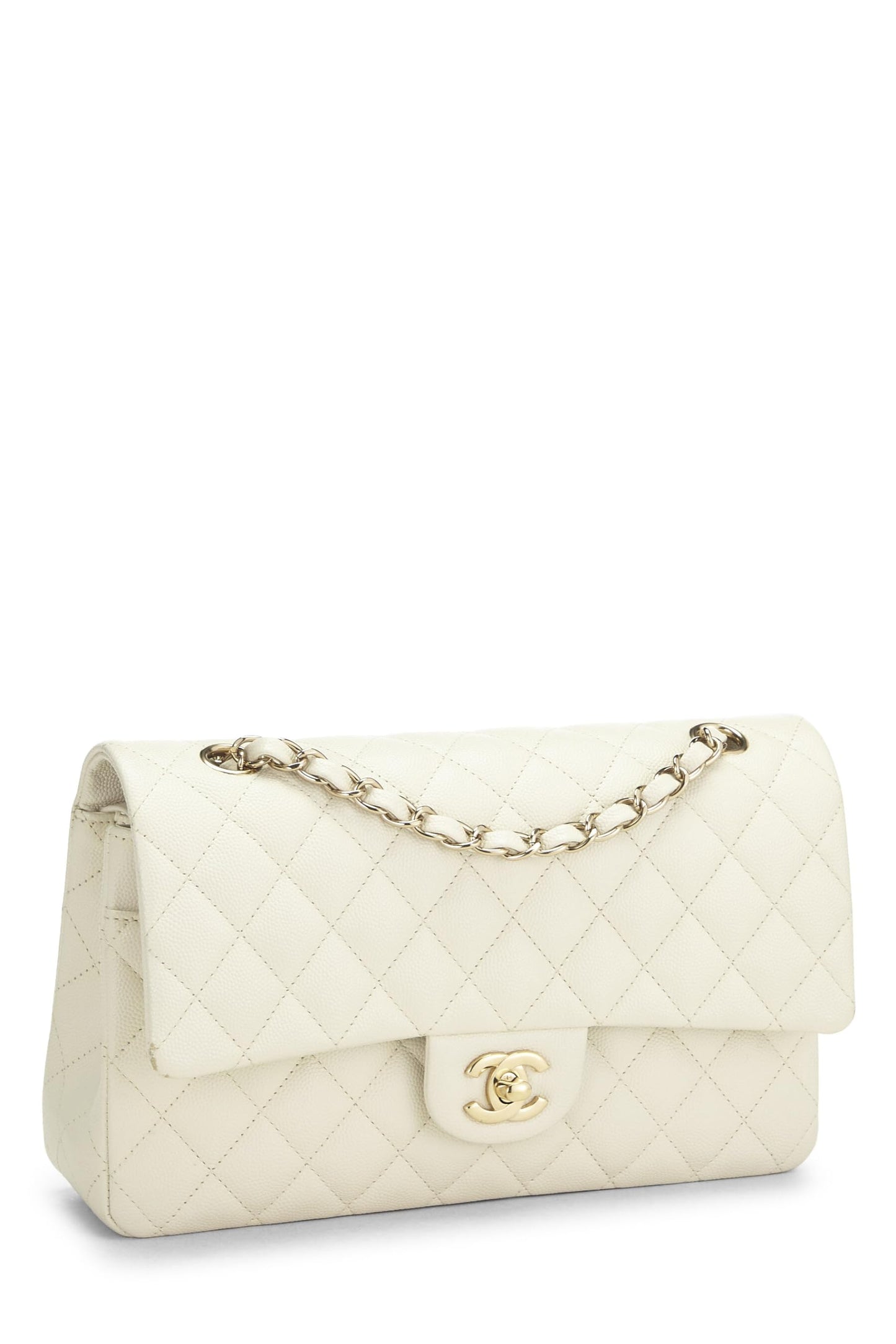 Chanel, sac à main matelassé à double rabat classique Caviar blanc d'occasion, taille M, blanc