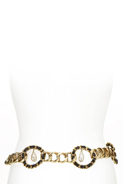 Chanel, Pre-Loved Gold & Black Rope Circle Faux Pearl Chain Belt, Black