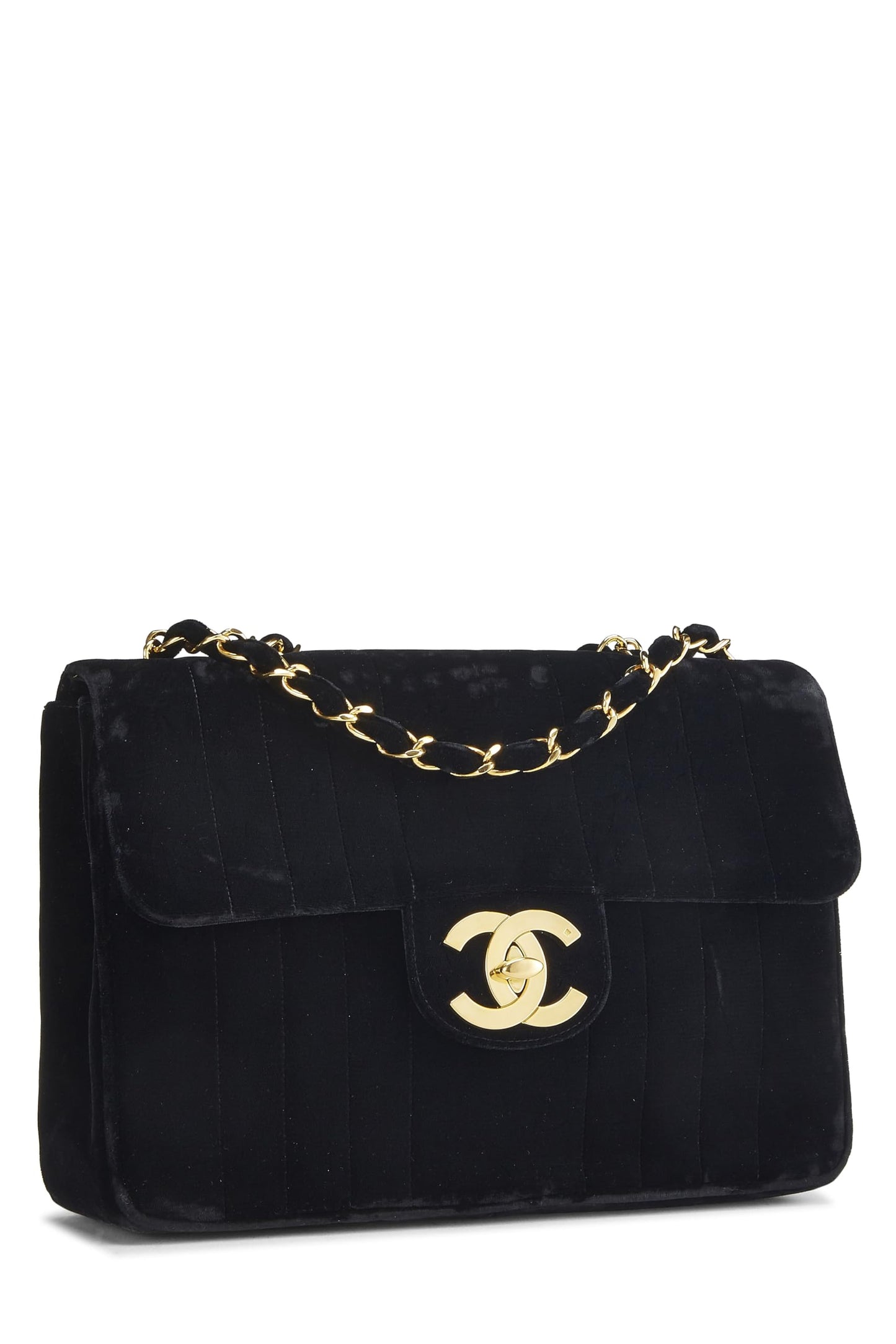 Chanel, sac à main Jumbo à demi-rabat vertical en velours noir d'occasion, noir