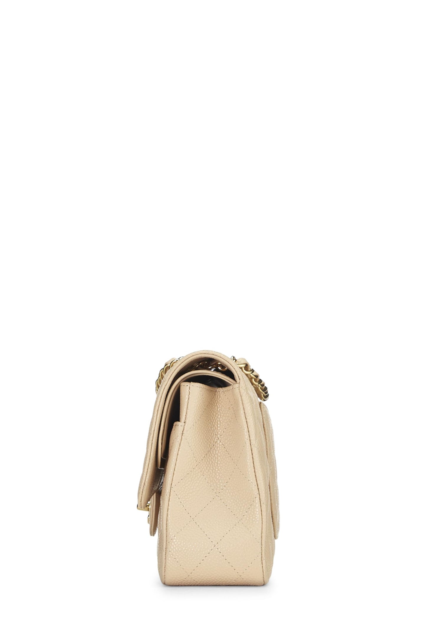 Chanel, sac à main classique à double rabat en cuir d'agneau matelassé beige d'occasion, taille M, beige