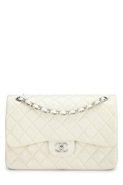 Chanel, Pre-Loved White Quilted Caviar New Classic Double Flap Jumbo, White