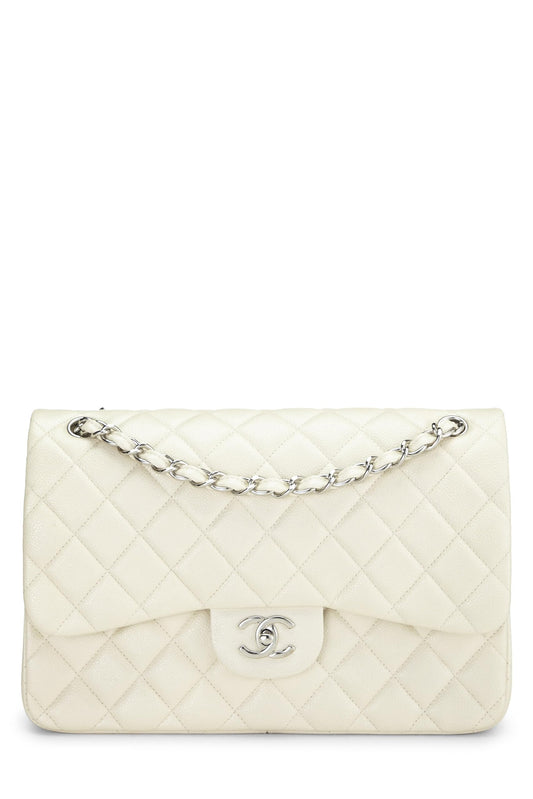 Chanel, Pre-Loved White Quilted Caviar New Classic Double Flap Jumbo, White