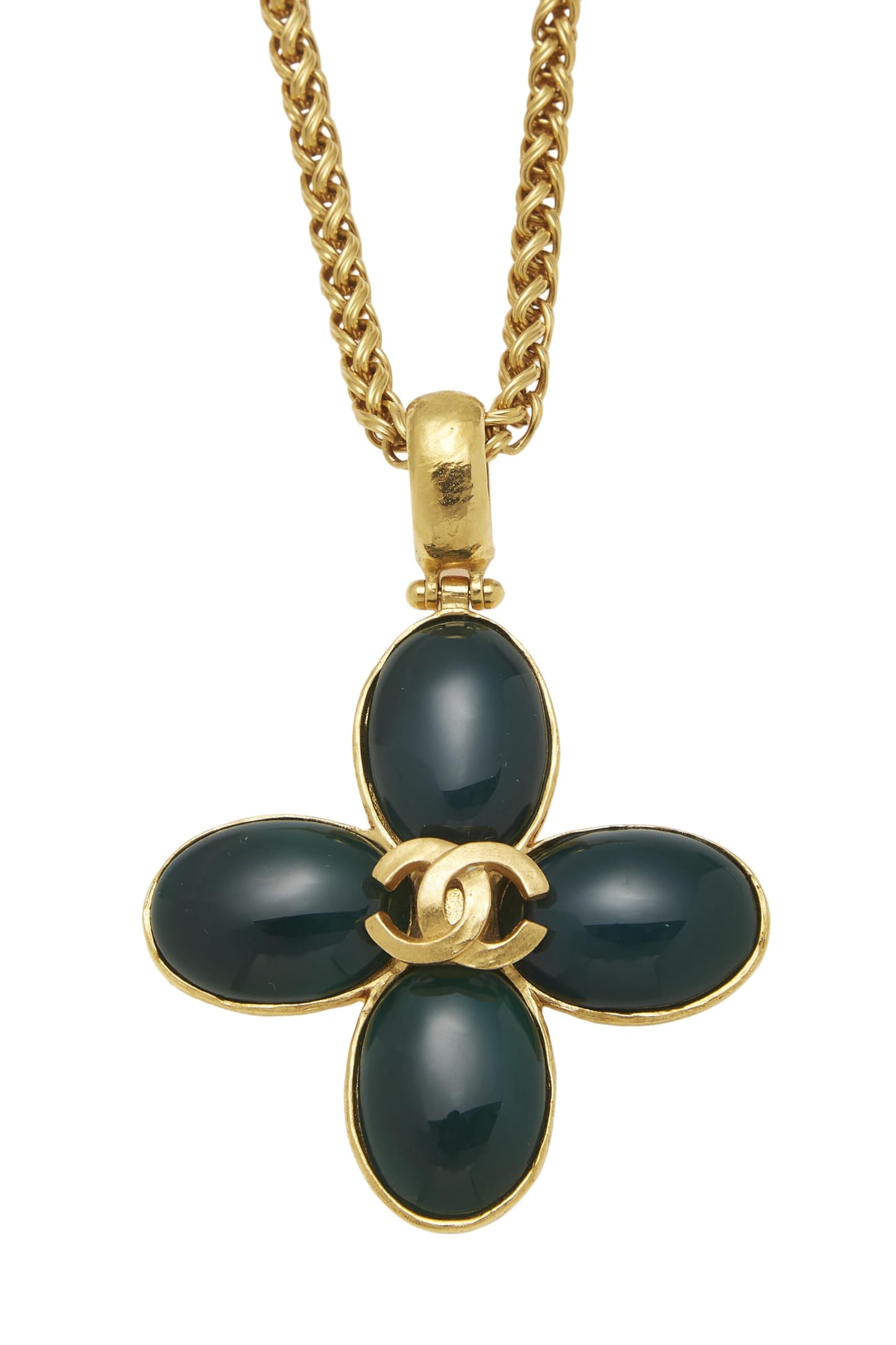 Chanel, Pre-Loved Gold 'CC' Clover Necklace, Green