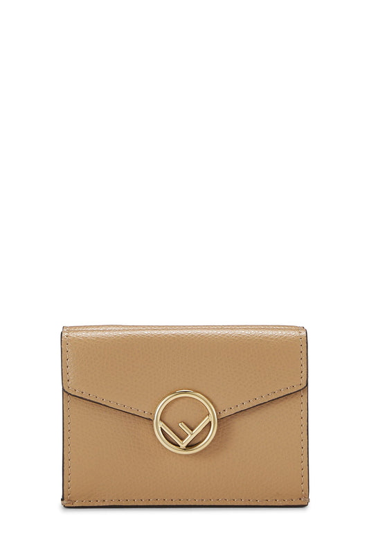 Fendi, portefeuille compact « F is Fendi » en cuir beige d'occasion, beige