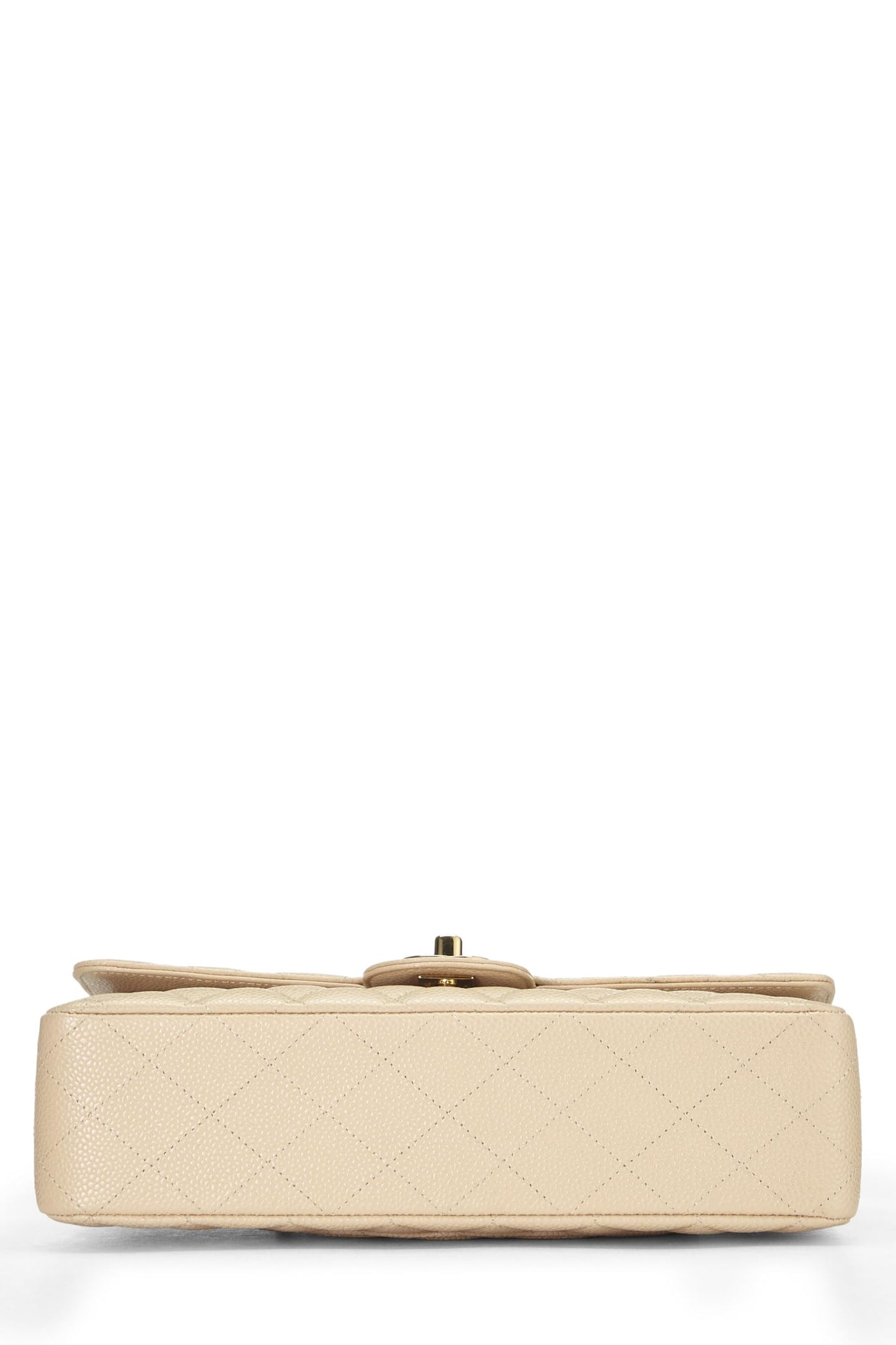 Chanel, sac à main classique à double rabat en cuir d'agneau matelassé beige d'occasion, taille M, beige