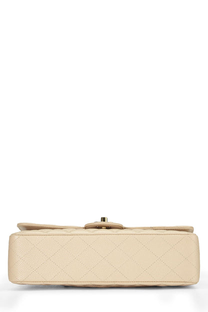 Chanel, sac à main classique à double rabat en cuir d'agneau matelassé beige d'occasion, taille M, beige