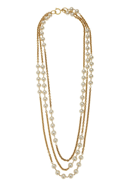 Chanel, Collier XL en or et fausses perles d'occasion, doré